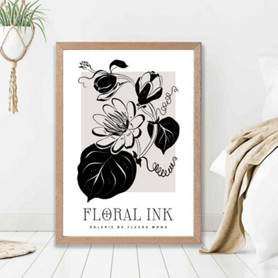 Artze Wall Art Tropical Flowers In Black And Beige Floral Ink Sketch Framed Print Size: A2 With Oak Frame from B&Q