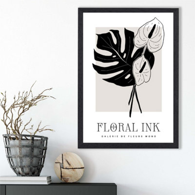 Artze Wall Art Arum Lillies In Black And Beige Floral Ink Sketch Framed Print Size: A3 With Black Frame from B&Q