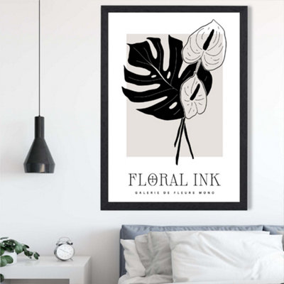Artze Wall Art Arum Lillies In Black And Beige Floral Ink Sketch Framed Print Size: A2 With Black Frame from B&Q