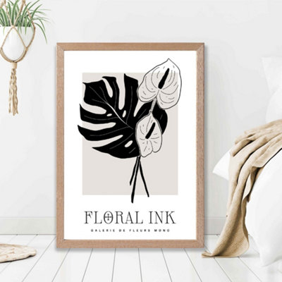 Artze Wall Art Arum Lillies In Black And Beige Floral Ink Sketch Framed Print Size: A2 With Oak Frame from B&Q