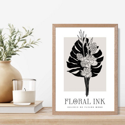 Artze Wall Art Tropical Bouquet In Black And Beige Floral Ink Sketch Framed Print Size: A4 With Oak Frame from B&Q