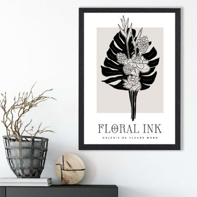 Artze Wall Art Tropical Bouquet In Black And Beige Floral Ink Sketch Framed Print Size: A3 With Black Frame from B&Q