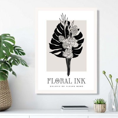 Artze Wall Art Tropical Bouquet In Black And Beige Floral Ink Sketch Framed Print Size: A3 With White Frame from B&Q