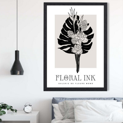 Artze Wall Art Tropical Bouquet In Black And Beige Floral Ink Sketch Framed Print Size: A2 With Black Frame from B&Q