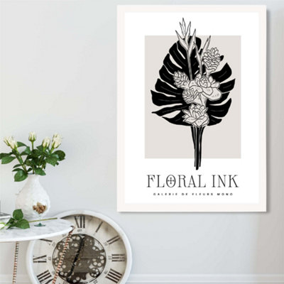Artze Wall Art Tropical Bouquet In Black And Beige Floral Ink Sketch Framed Print Size: A2 With White Frame from B&Q