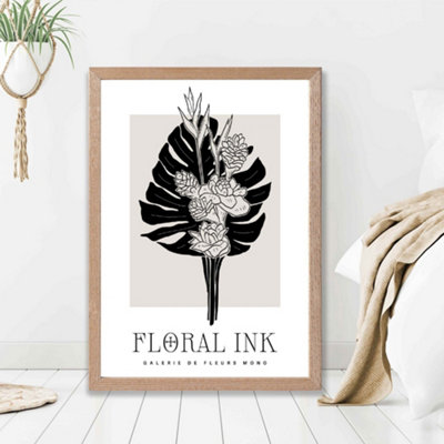 Artze Wall Art Tropical Bouquet In Black And Beige Floral Ink Sketch Framed Print Size: A2 With Oak Frame from B&Q
