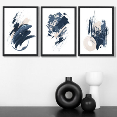 Artze Wall Art Set Of 3 Blue Abstract Minimal Wall Art Prints / Size: A3 / Black Frame from B&Q