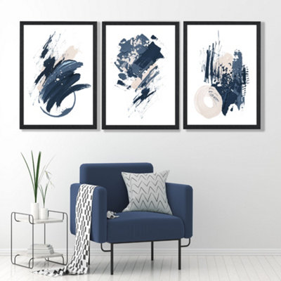 Artze Wall Art Set Of 3 Blue Abstract Minimal Wall Art Prints / Size: A2 / Black Frame from B&Q