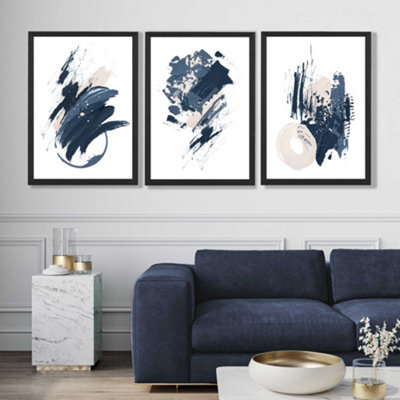 Artze Wall Art Set Of 3 Blue Abstract Minimal Wall Art Prints / Size: 50X70Cm / Black Frame from B&Q