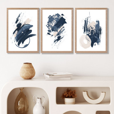 Artze Wall Art Set Of 3 Blue Abstract Minimal Wall Art Prints / Size: A3 / Oak Frame from B&Q