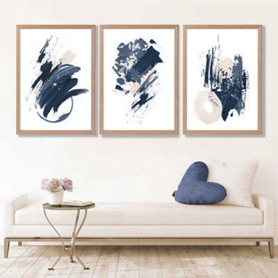 Artze Wall Art Set Of 3 Blue Abstract Minimal Wall Art Prints / Size: A2 / Oak Frame from B&Q