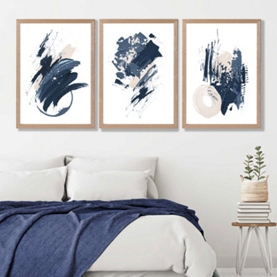 Artze Wall Art Set Of 3 Blue Abstract Minimal Wall Art Prints / Size: 50X70Cm / Oak Frame from B&Q