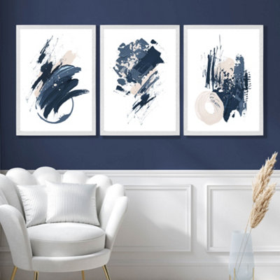 Artze Wall Art Set Of 3 Blue Abstract Minimal Wall Art Prints / Size: A3 / White Frame from B&Q