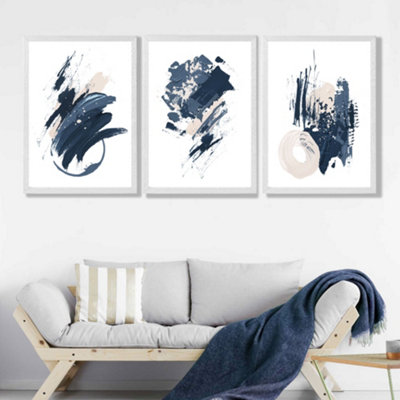 Artze Wall Art Set Of 3 Blue Abstract Minimal Wall Art Prints / Size: A2 / White Frame from B&Q