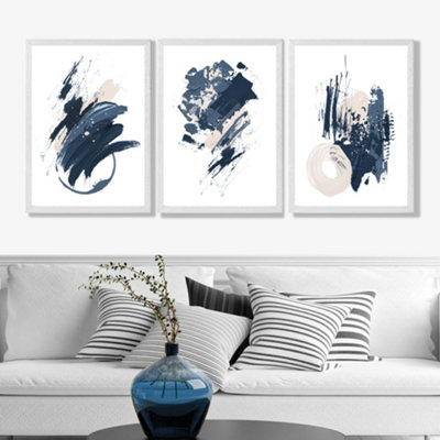 Artze Wall Art Set Of 3 Blue Abstract Minimal Wall Art Prints / Size: 50X70Cm / White Frame from B&Q