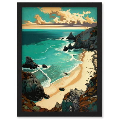 Artery8 Porthcurno Sandy Beach Cliffs Coastal Landscape Wall Art PrintA4 Size from B&Q