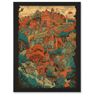 Artery8 Village In Forest Coral And Teal Blue Illustration Wall Art PrintA4 Size from B&Q