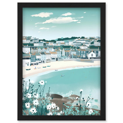 Artery8 St Ives Bay Daisies Soft Pastel Coastal Cityscape Wall Art PrintA4 Size from B&Q