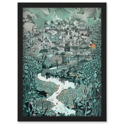 Artery8 Village Near River Forest Landscape Blue Linocut Wall Art PrintA4 Size from B&Q