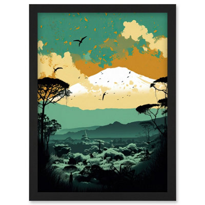 B&Q -  Mount Fuji Sunrise Landscape In Teal Blue And Tan Wall Art PrintA4 Size