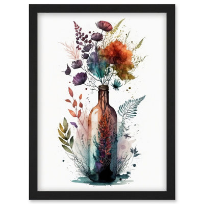 Artery8 Wine Bottle With Spring Wildflower Floral Bouquet Wall Art PrintA4 Size from B&Q