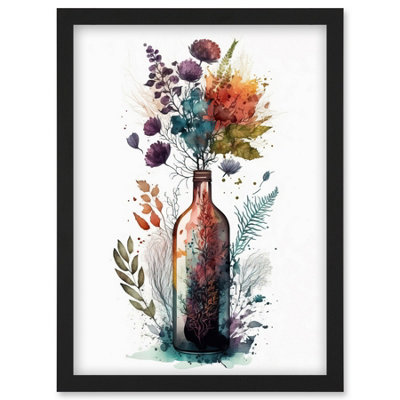 Artery8 Wine Bottle With Wildflower Floral Spring Bouquet Wall Art PrintA4 Size from B&Q