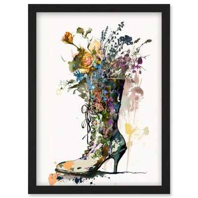 B&Q -  Spring Wildflower Bouquet In High Heel Floral Boot Wall Art PrintA4 Size