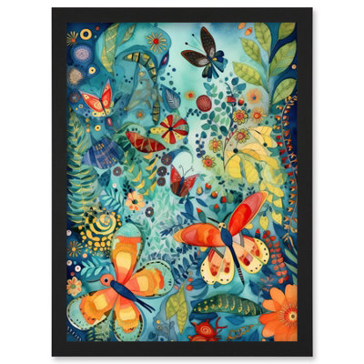 Artery8 Butterfly Insects In Flower Field Modern Folk Art Wall Art PrintA4 Size from B&Q