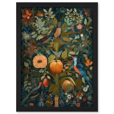 Artery8 Birds On Blooming Peach Tree In Modern Folk Art Wall Art PrintA4 Size from B&Q
