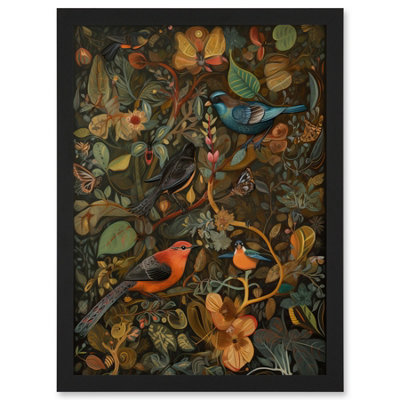 B&Q -  Birds And Butterflies On Autumnal Tree Folk Art Wall Art PrintA4 Size