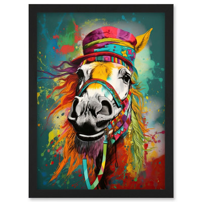 Artery8 Hippie Horse With Multicoloured Hat And Bridles Wall Art PrintA4 Size from B&Q