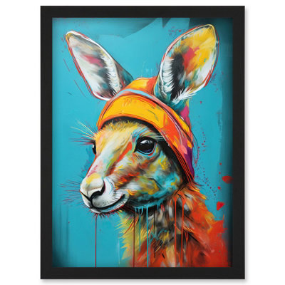 Artery8 Baby Kangaroo Joey Wearing Hat Teal And Orange Wall Art PrintA4 Size
