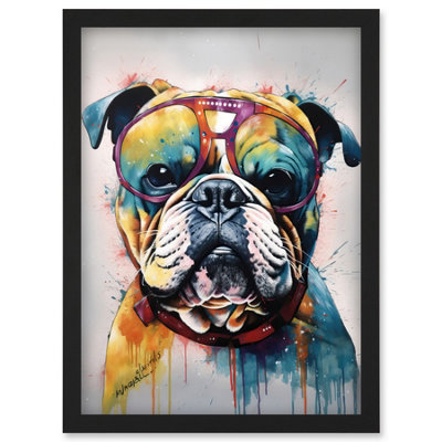 Artery8 English Bulldog Dog Wearing Vintage Sunglasses Wall Art PrintA4 Size from B&Q