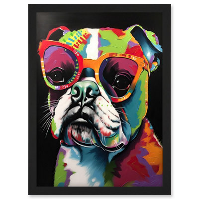 Artery8 Rainbow Colour English Bulldog Puppy In Sunglasses Wall Art PrintA4 Size from B&Q
