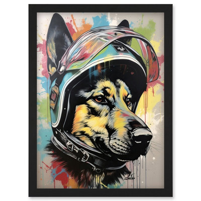 B&Q -  German Shepherd Dog Wearing Motorcycle Helmet Wall Art PrintA4 Size