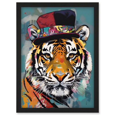 Artery8 Tiger Wearing Soft Felt Top Hat Modern Folk Art Wall Art PrintA4 Size from B&Q