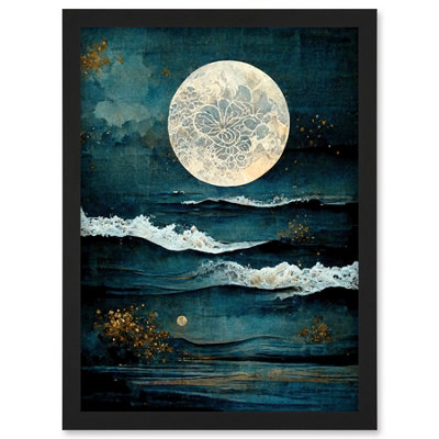 B&Q -  Large Full Moon Seascape Golden Algae Wave Foam Wall Art PrintA4 Size