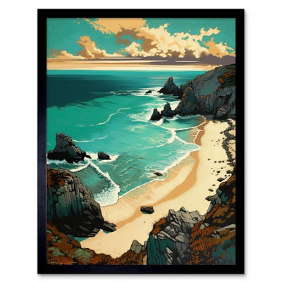 Artery8 Framed Wall Art Porthcurno Sandy Beach Cliffs Coastal Landscape12X16 Inch from B&Q