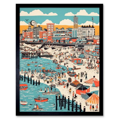 Artery8 Framed Wall Art Brighton Beach Warm Summer Day Colourful Scene12X16 Inch from B&Q