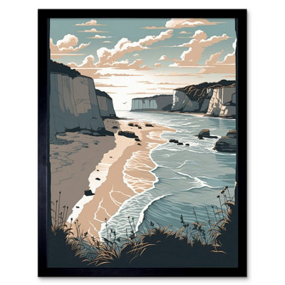B&Q -  Framed Wall Art Bay With Cliffs Pastel Colour Coastal Landscape12X16 Inch