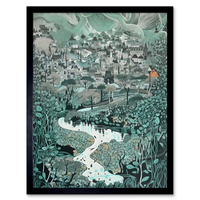 Artery8 Framed Wall Art Village Near River Forest Landscape Blue Linocut12X16 Inch from B&Q