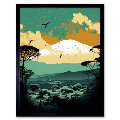 B&Q -  Framed Wall Art Mount Fuji Sunrise Landscape In Teal Blue And Tan12X16 Inch