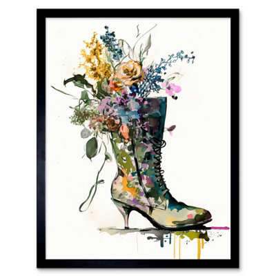 B&Q -  Framed Wall Art Spring Flower Bouquet In High Heeled Combat Boot12X16 Inch
