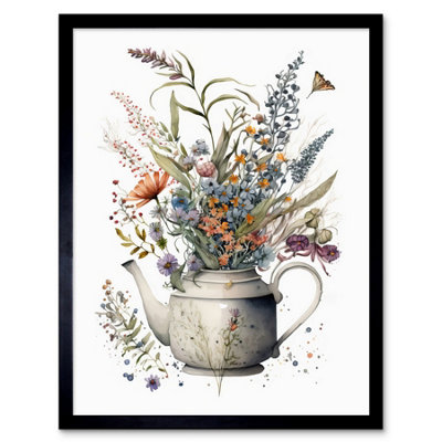 B&Q -  Framed Wall Art Spring Wildflower Bouquet In White Ceramic Teapot12X16 Inch