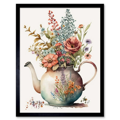 B&Q -  Framed Wall Art Flower Bouquet In A Floral Design Ceramic Teapot12X16 Inch