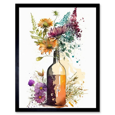 B&Q -  Framed Wall Art Spring Wildflower Bouquet In A Glass Wine Bottle12X16 Inch