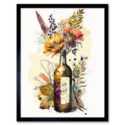B&Q -  Framed Wall Art Wildflower Bouquet In Upcycled Glass Wine Bottle12X16 Inch