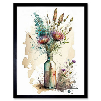 B&Q -  Framed Wall Art Spring Flower Bouquet In Glass Wine Bottle Vase12X16 Inch
