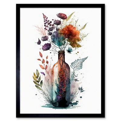 B&Q -  Framed Wall Art Wine Bottle With Spring Wildflower Floral Bouquet12X16 Inch