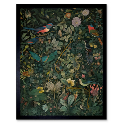 B&Q -  Framed Wall Art Butterflies And Birds On Flowering Shrub Folk12X16 Inch